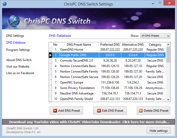 برنامج ChrisPC DNS Switch لتغيير ال DNS
